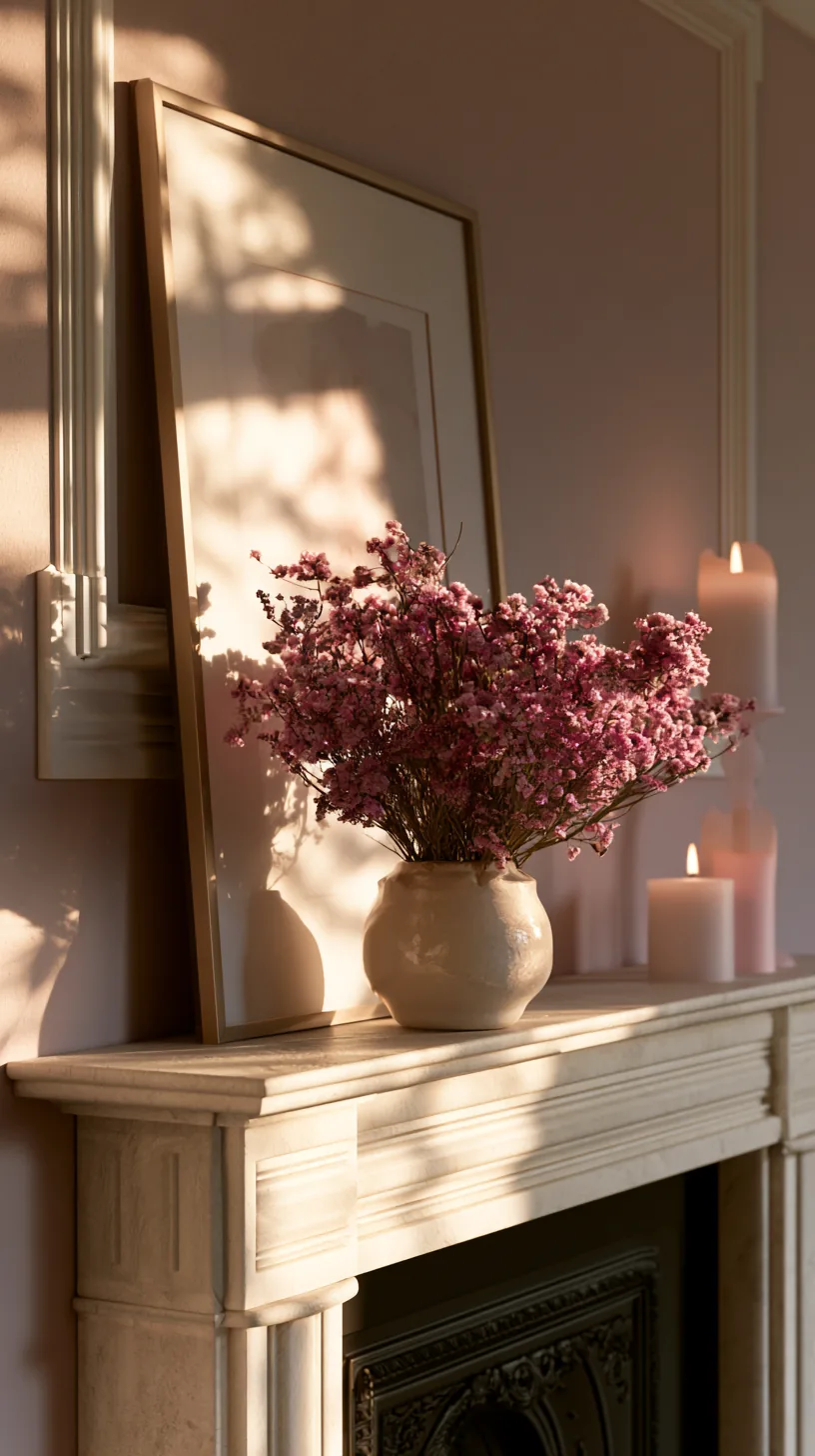 a styled soft pink mantel with layered decor in a living room, photo 1 of 4