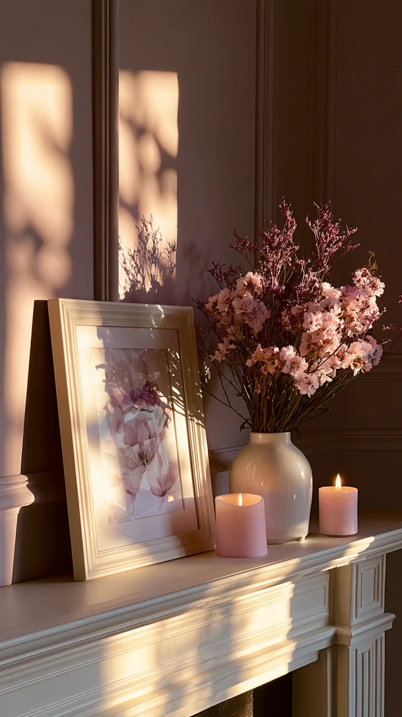 a styled soft pink mantel with layered decor in a living room, photo 2 of 4