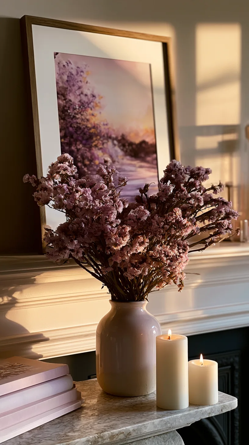 a styled soft pink mantel with layered decor in a living room, photo 3 of 4