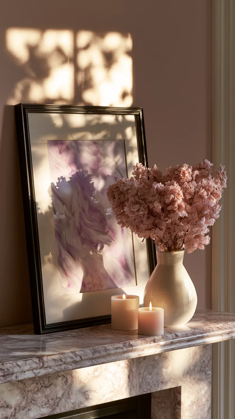 a styled soft pink mantel with layered decor in a living room, photo 4 of 4