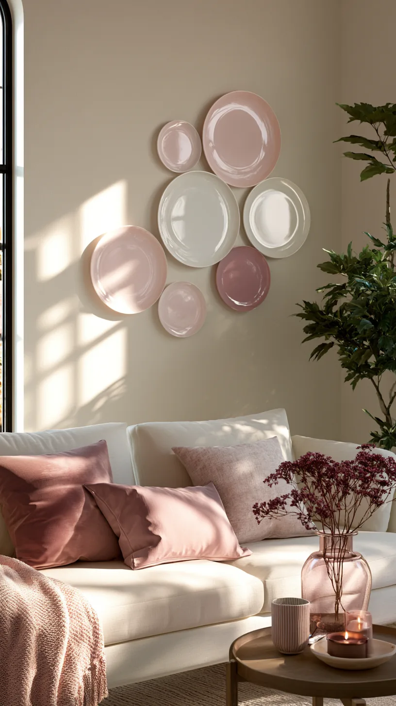 a cluster of pink and cream decorative wall plates in a living room, photo 1 of 3