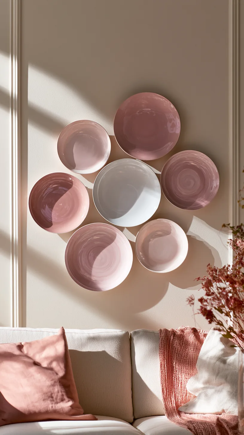 a cluster of pink and cream decorative wall plates in a living room, photo 2 of 3