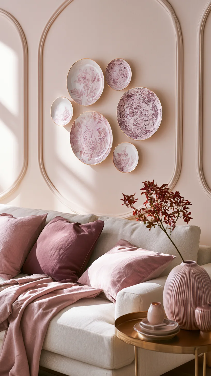 a cluster of pink and cream decorative wall plates in a living room, photo 3 of 3