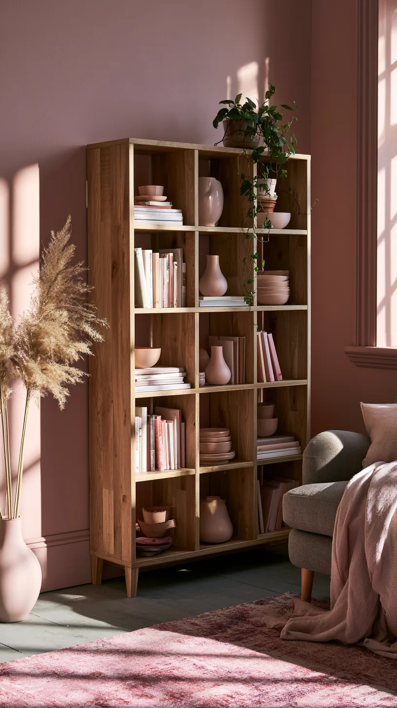 a cube shelf holding rotating pink decor in a living room, photo 1 of 4
