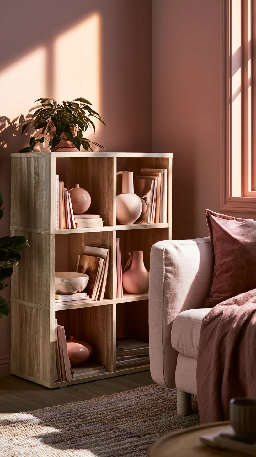 a cube shelf holding rotating pink decor in a living room, photo 2 of 4