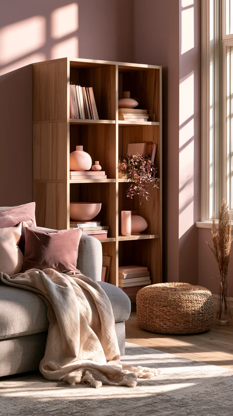 a cube shelf holding rotating pink decor in a living room, photo 3 of 4