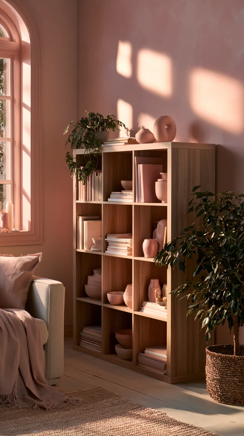 a cube shelf holding rotating pink decor in a living room, photo 4 of 4