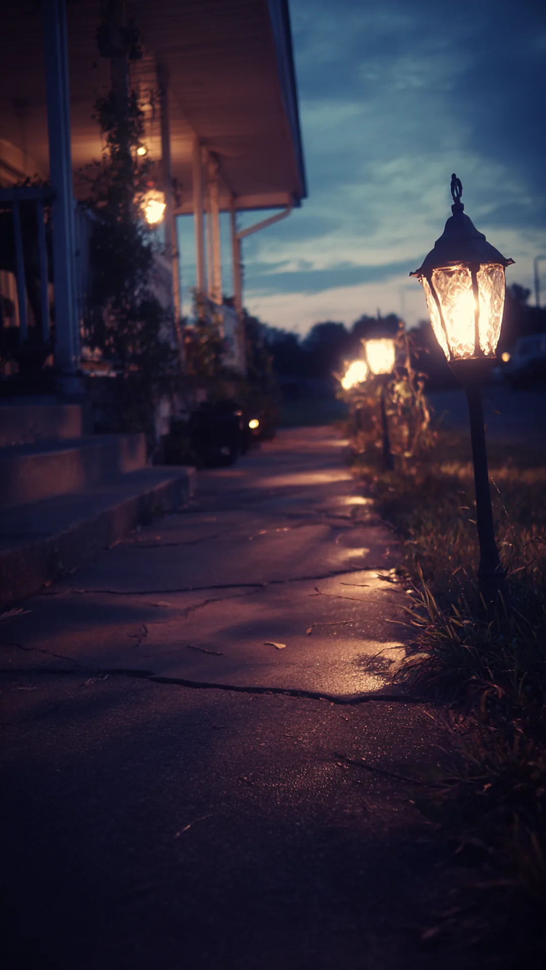 solar stake lanterns lining a walkway at dusk — photo 1 of 5