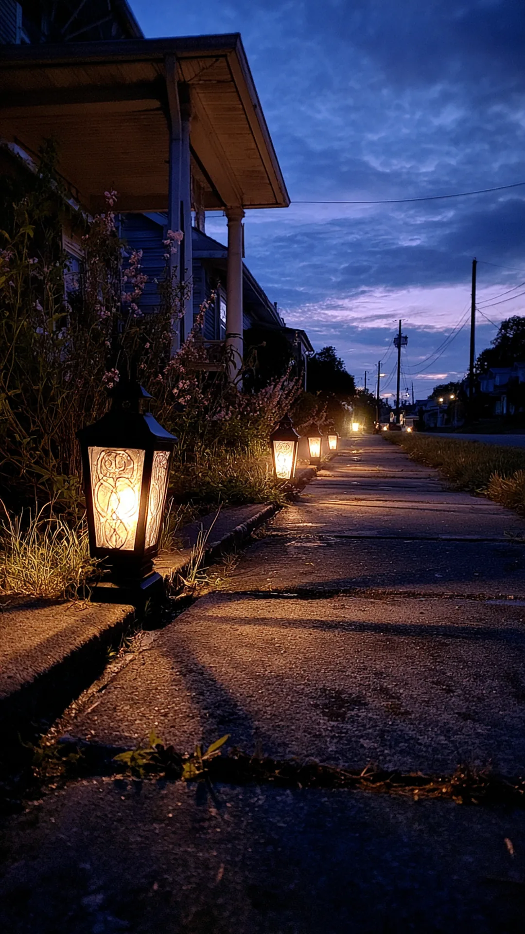 solar stake lanterns lining a walkway at dusk — photo 2 of 5