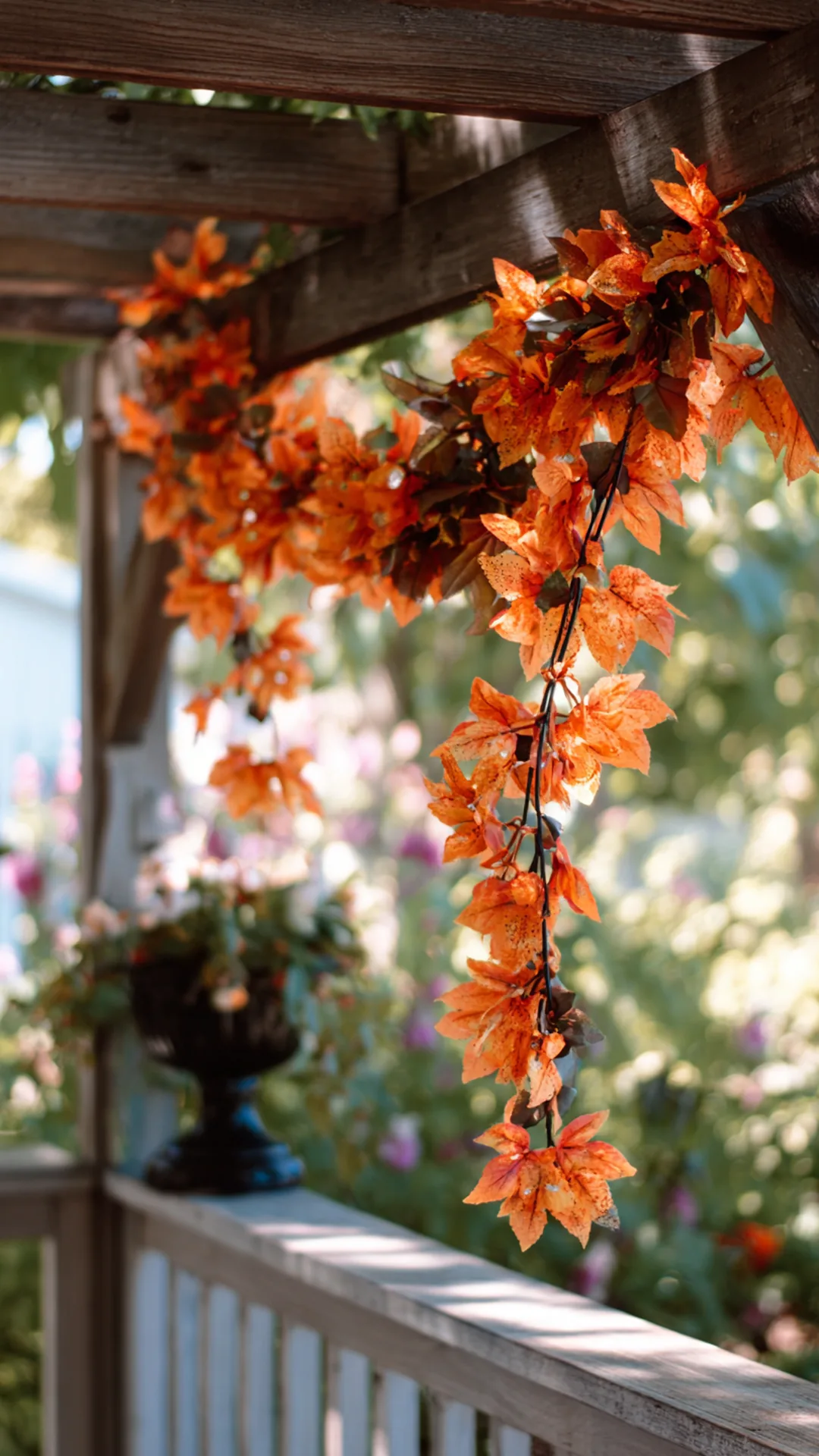 fall garland hung across a wooden porch beam — photo 1 of 5
