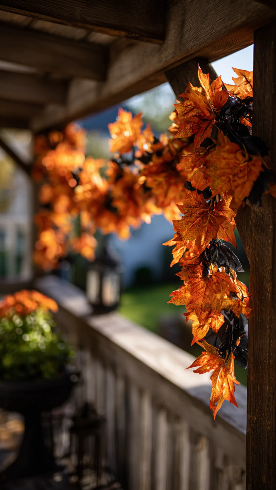 fall garland hung across a wooden porch beam — photo 2 of 5