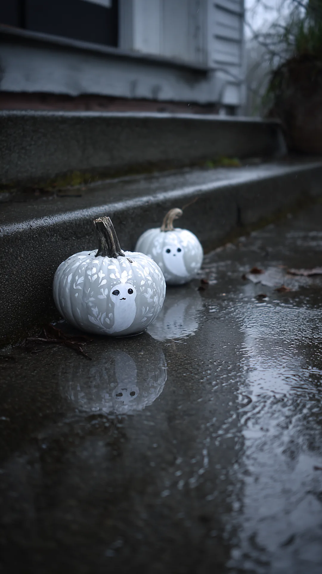 painted ghost faces on real pumpkins on wet porch steps — photo 2 of 5