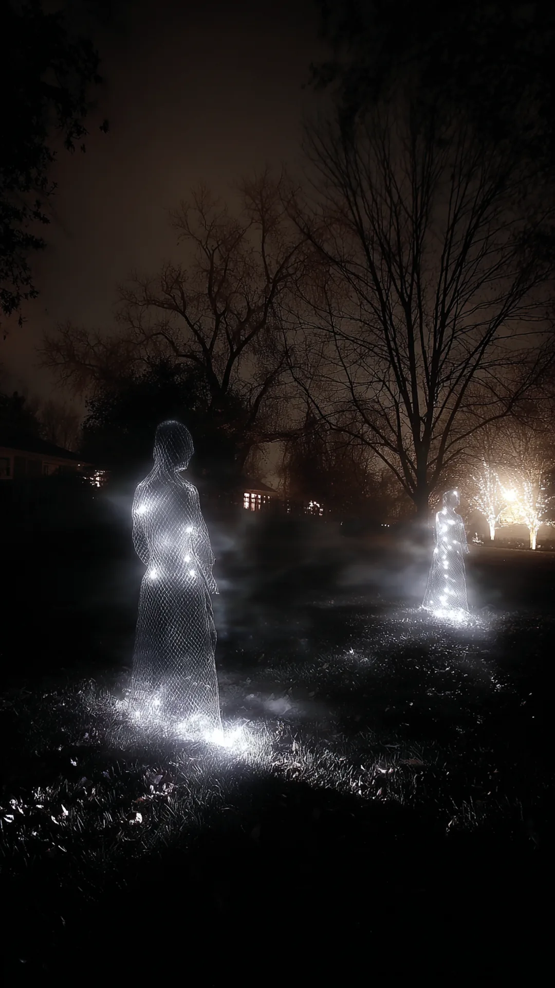chicken wire ghost figures glowing on a dark lawn — photo 1 of 5