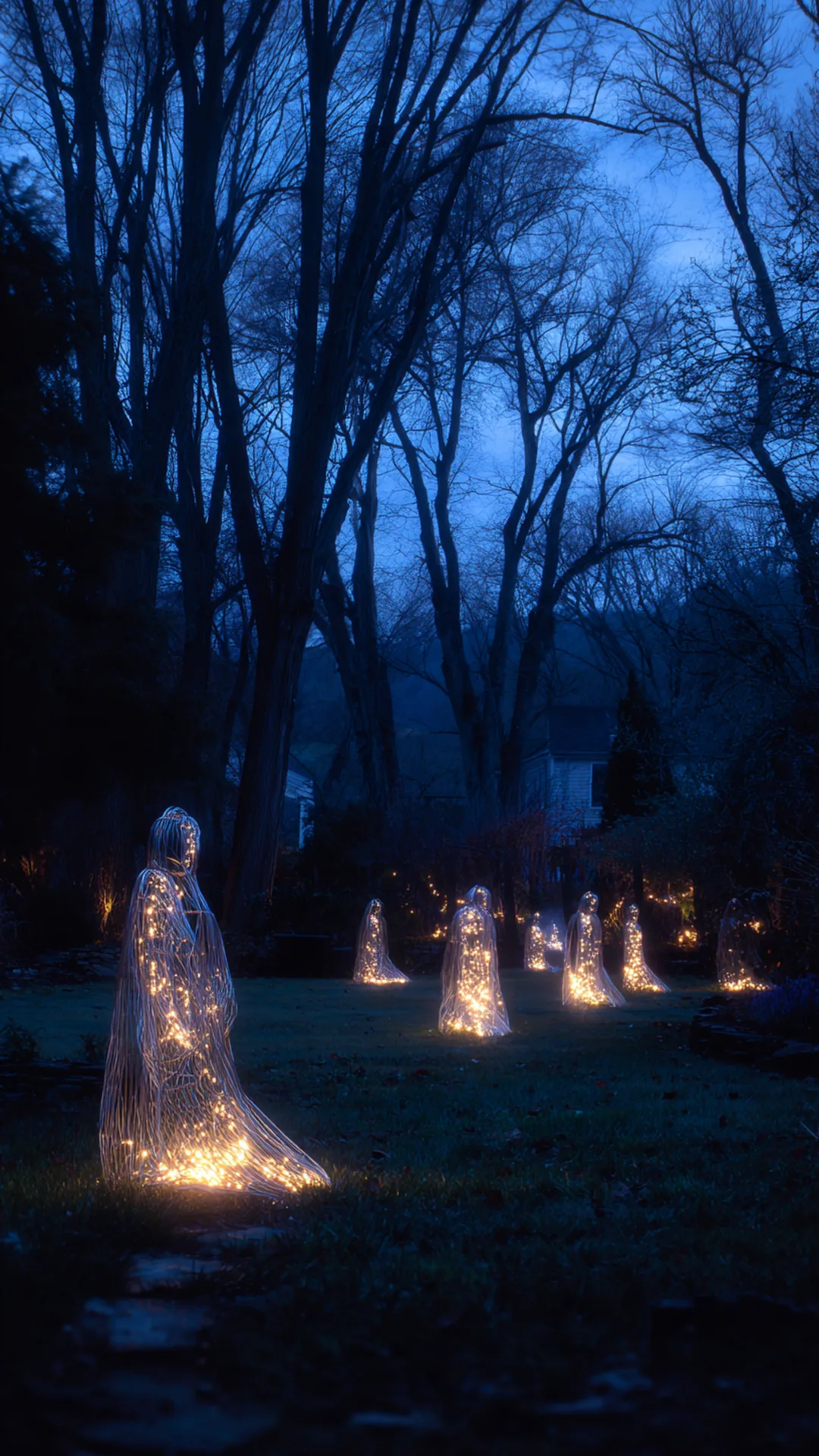 chicken wire ghost figures glowing on a dark lawn — photo 2 of 5