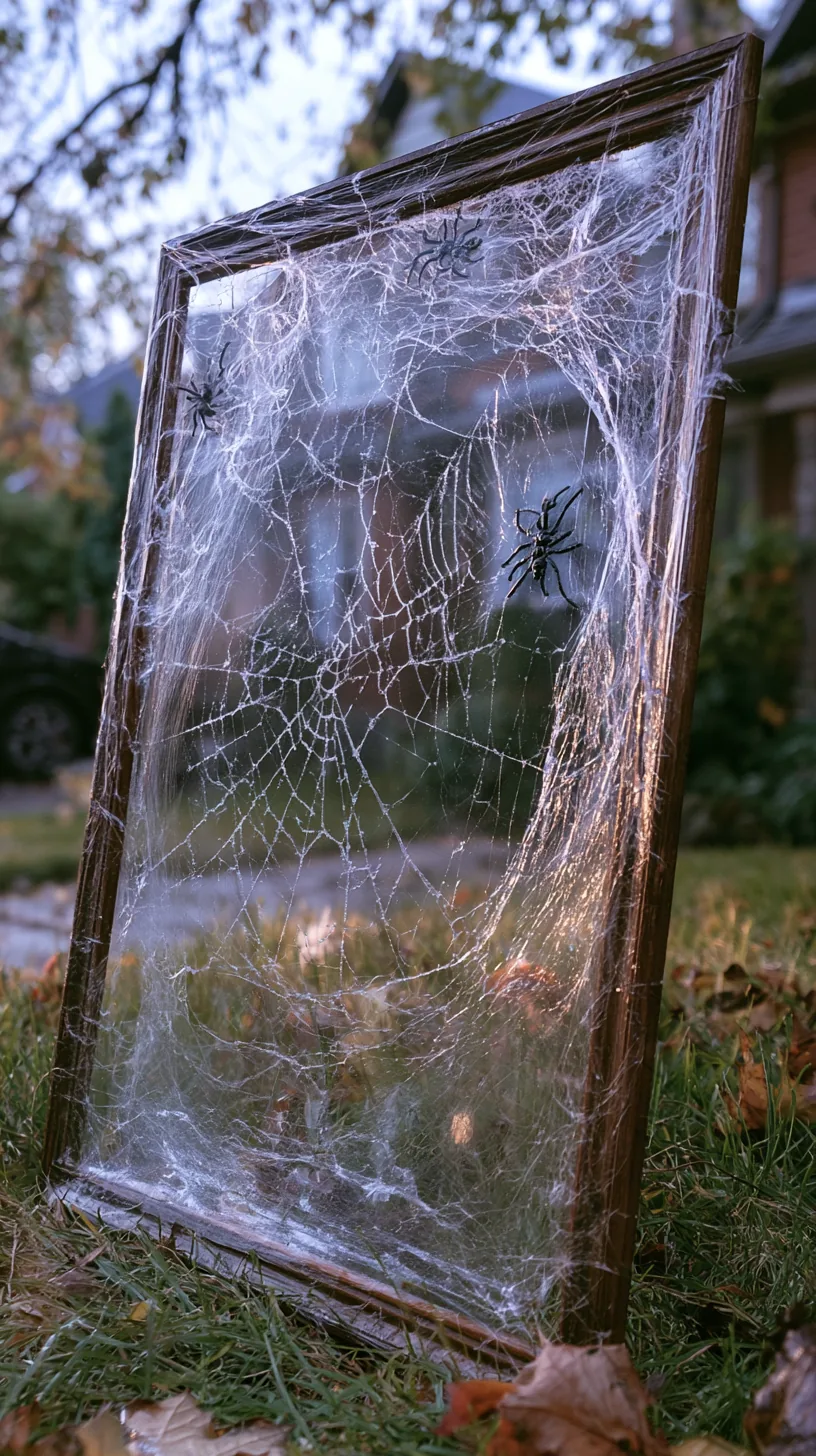 stretchy spider web pulled tight across a homemade wooden frame staked in the front yard — photo 1 of 7