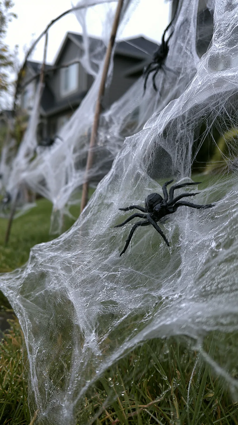 stretchy spider web pulled tight across a homemade wooden frame staked in the front yard — photo 2 of 7