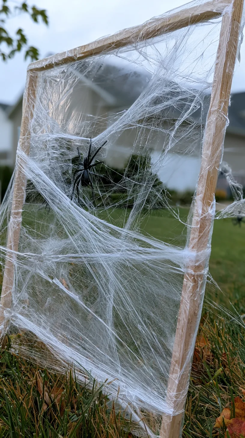 stretchy spider web pulled tight across a homemade wooden frame staked in the front yard — photo 3 of 7