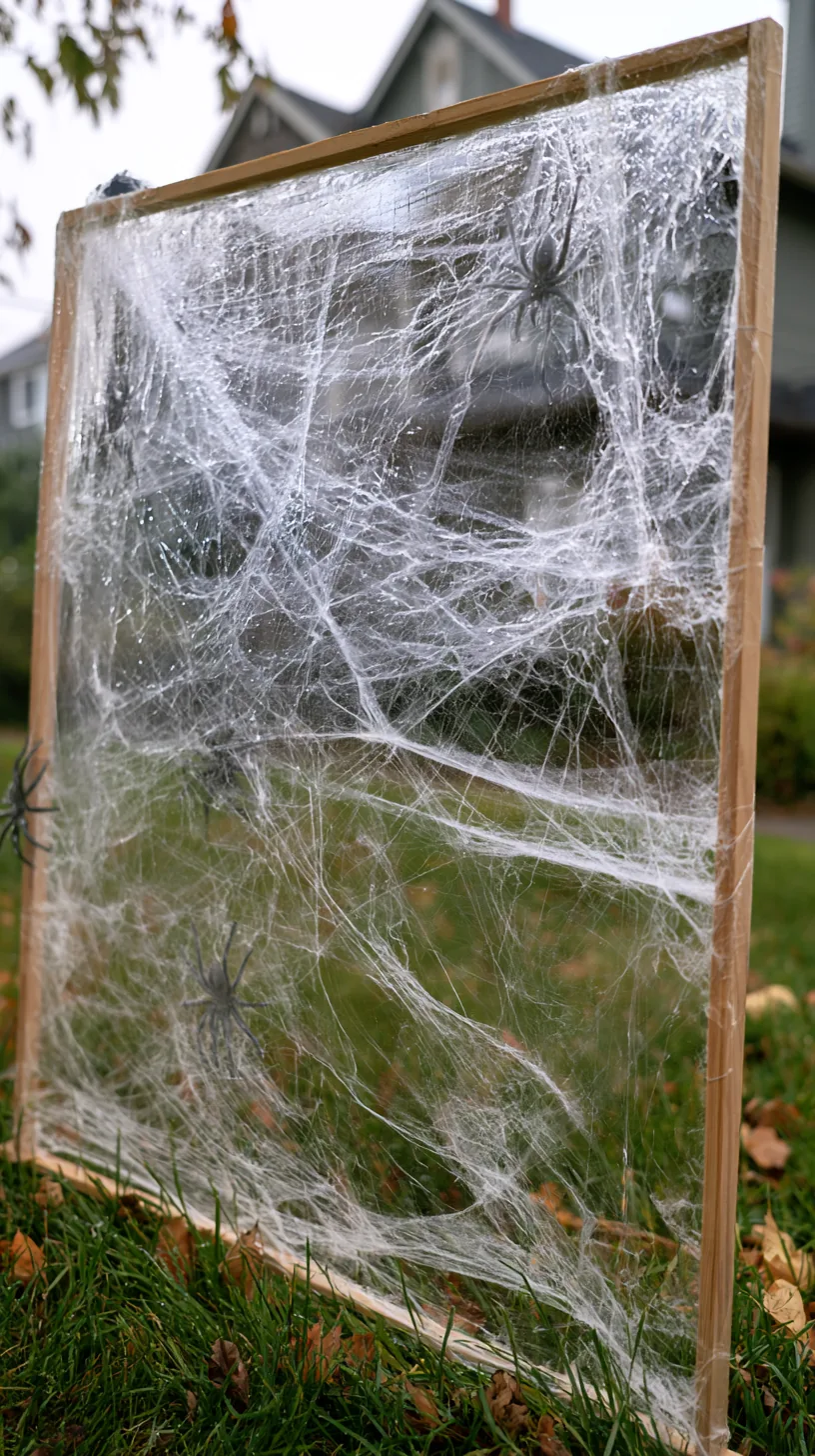 stretchy spider web pulled tight across a homemade wooden frame staked in the front yard — photo 4 of 7