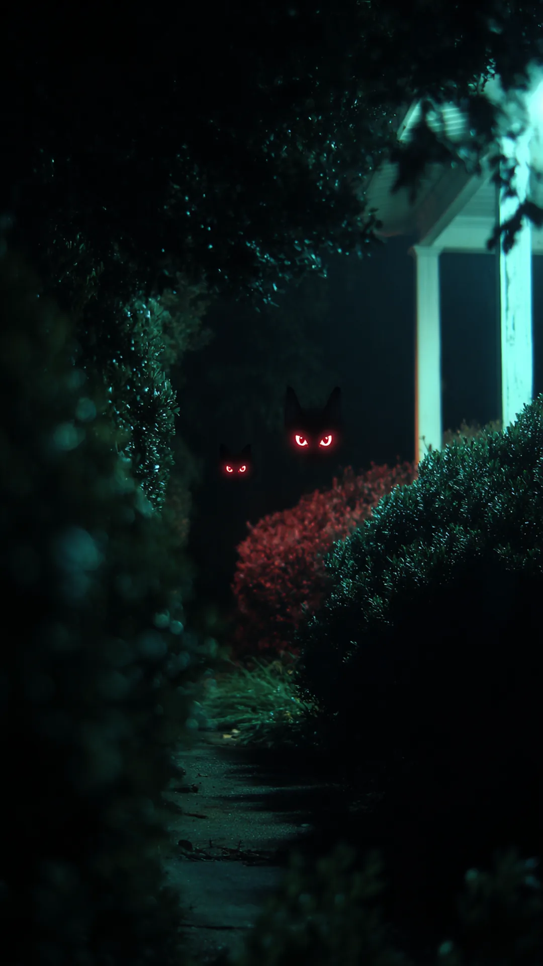 glowing red eyes hidden in dark bushes at night — photo 1 of 5