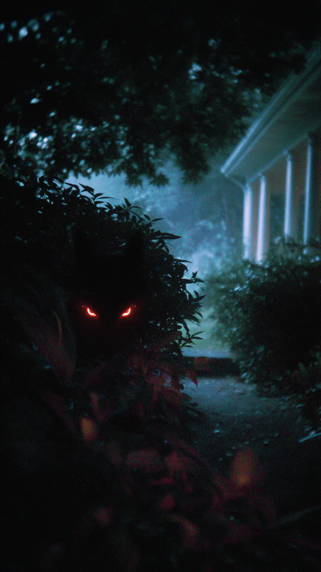 glowing red eyes hidden in dark bushes at night — photo 2 of 5
