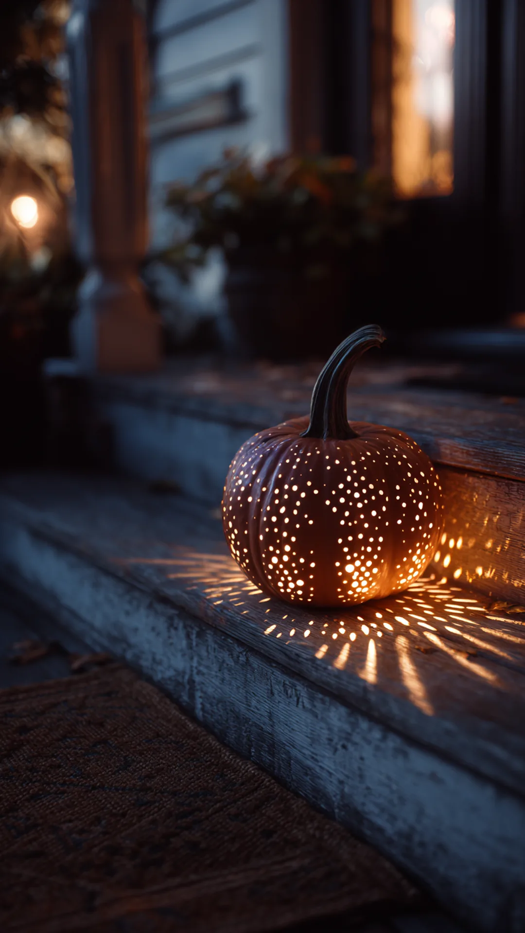 no-carve pumpkin with drilled holes glowing on a porch step — photo 1 of 4