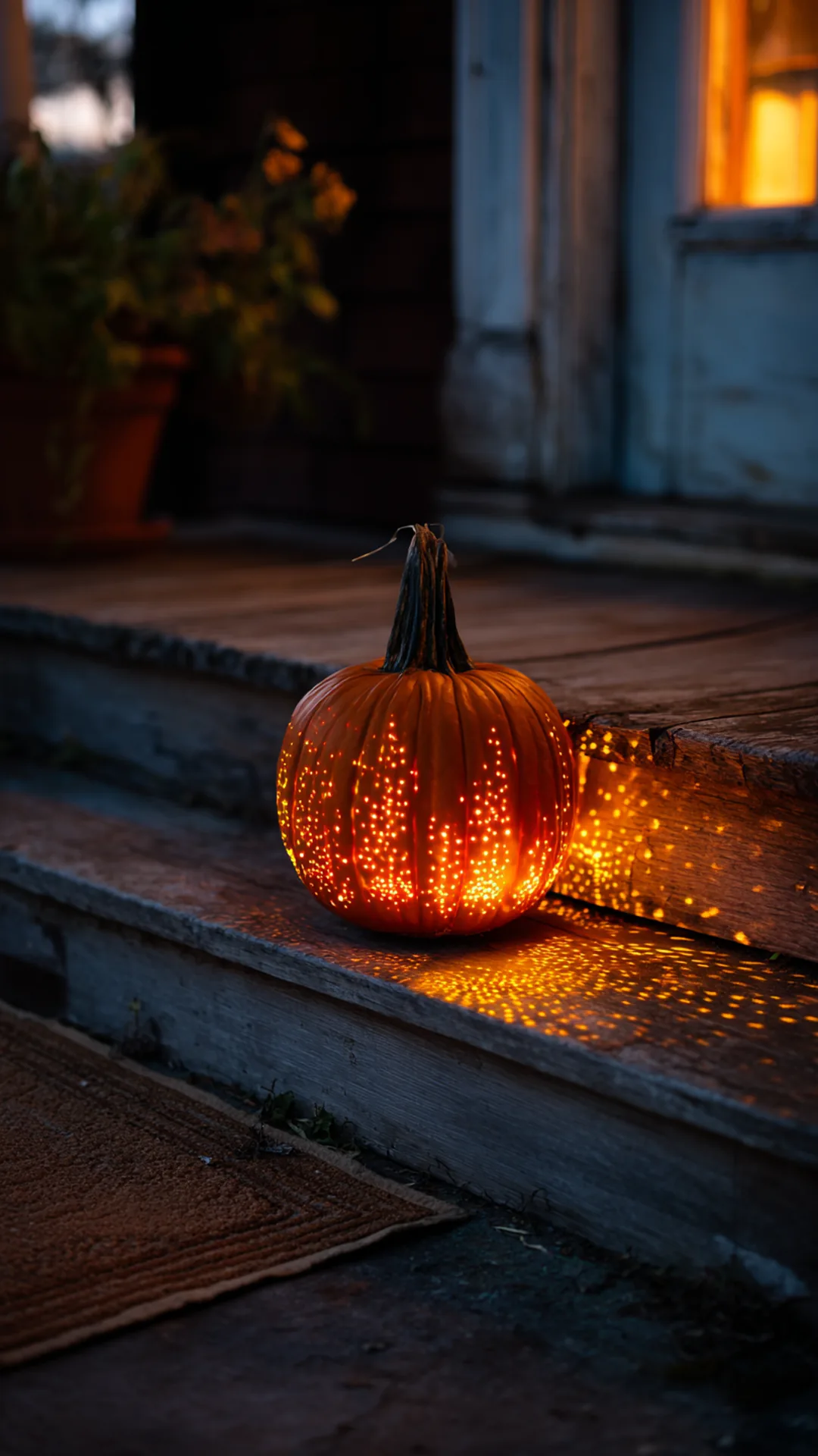 no-carve pumpkin with drilled holes glowing on a porch step — photo 2 of 4