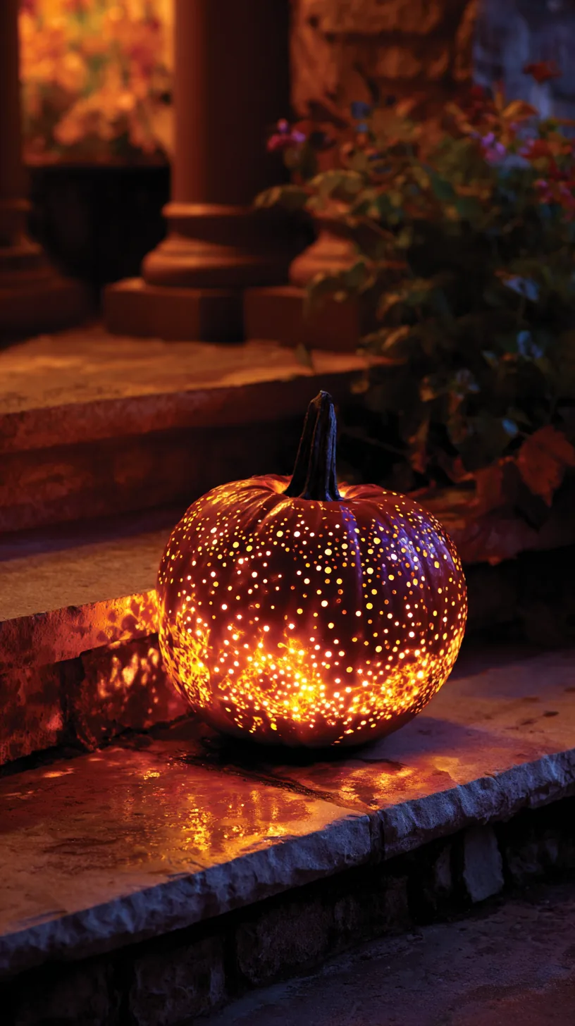 no-carve pumpkin with drilled holes glowing on a porch step — photo 3 of 4