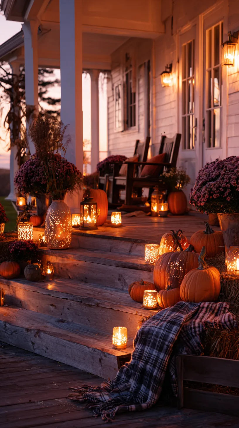 no-carve pumpkin with drilled holes glowing on a porch step — photo 4 of 4