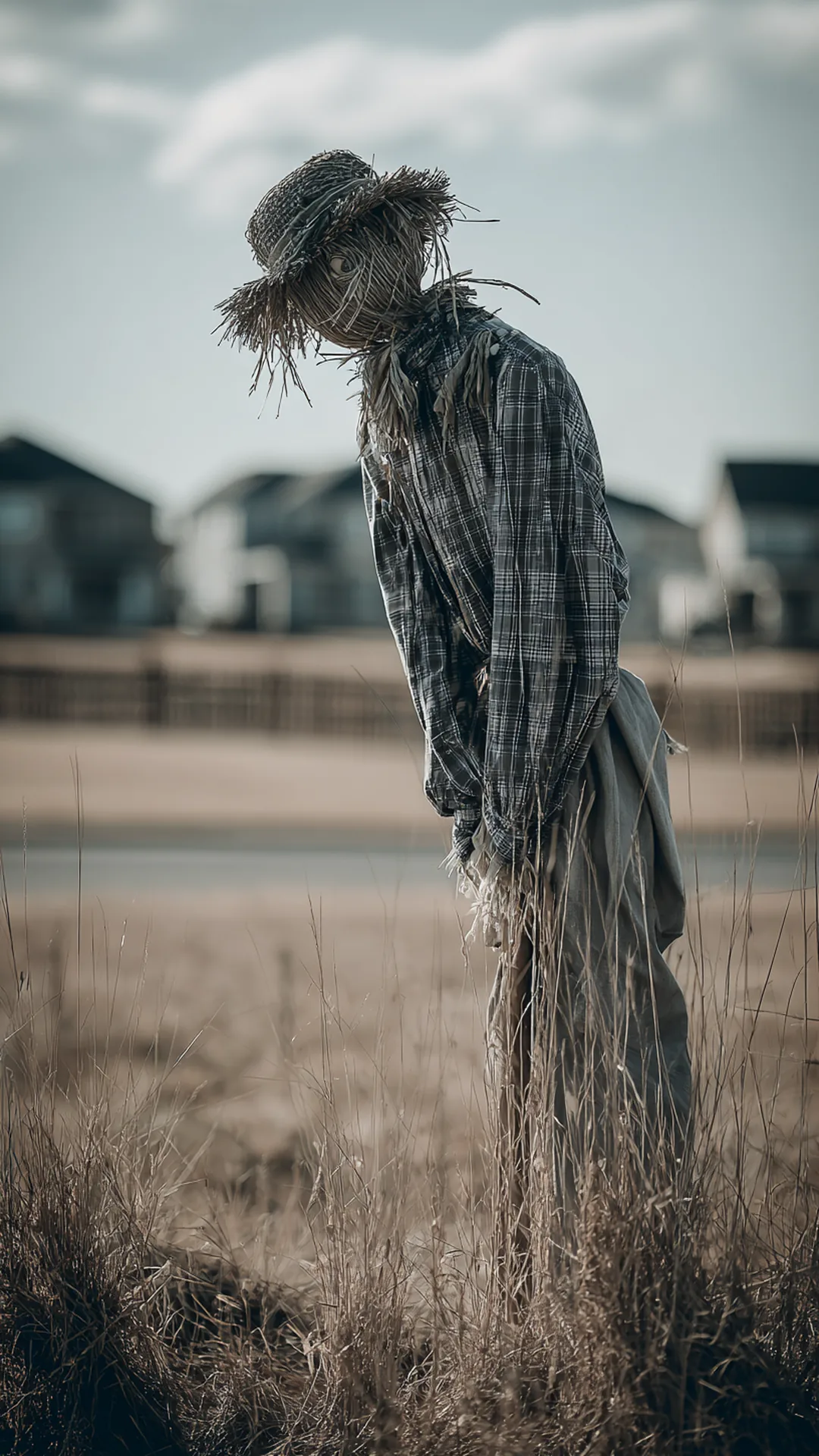 homemade scarecrow staked in an autumn yard — photo 1 of 8