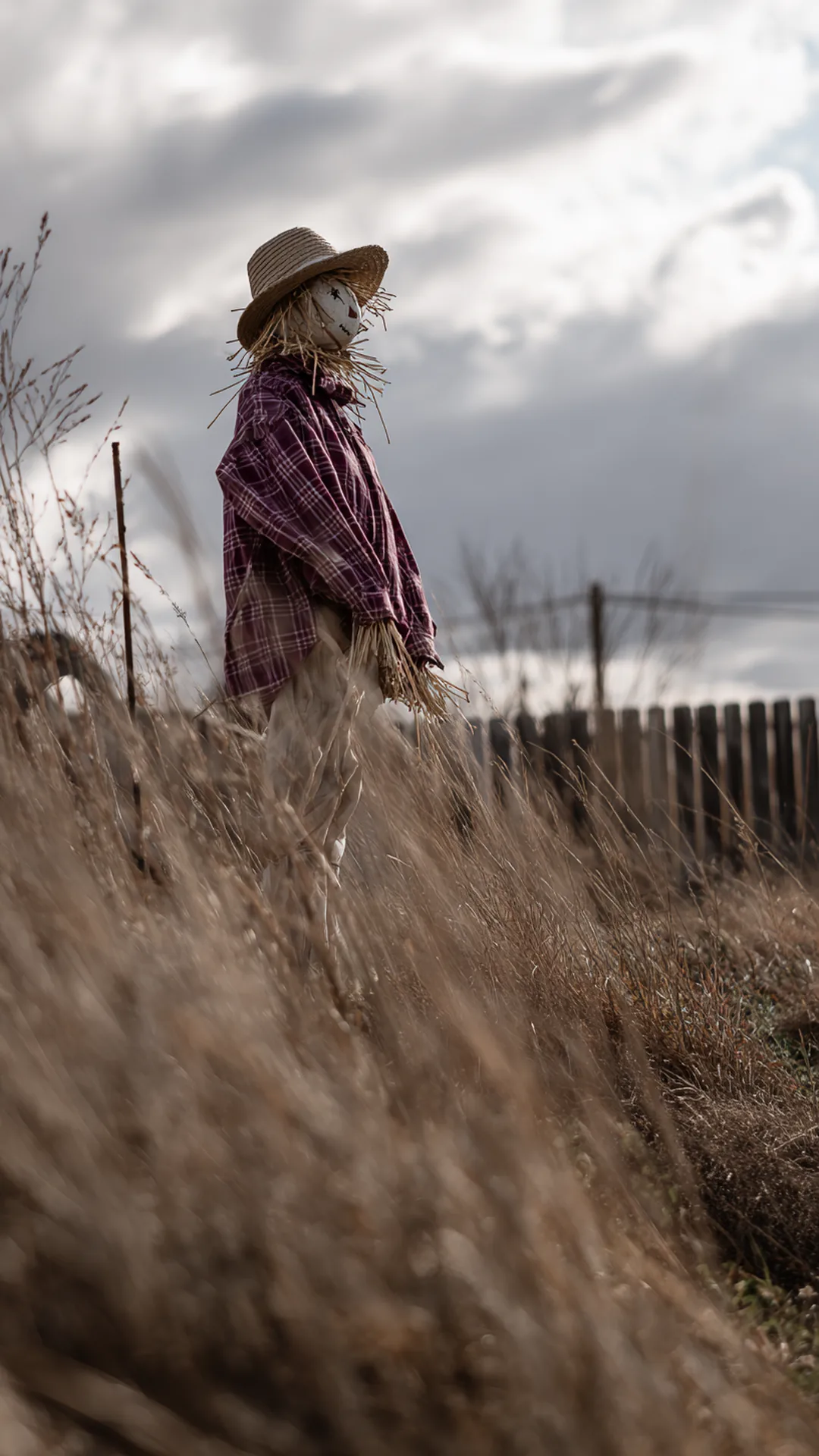 homemade scarecrow staked in an autumn yard — photo 2 of 8