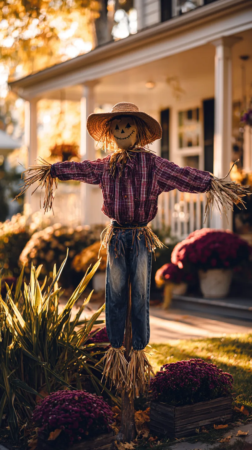 homemade scarecrow staked in an autumn yard — photo 3 of 8