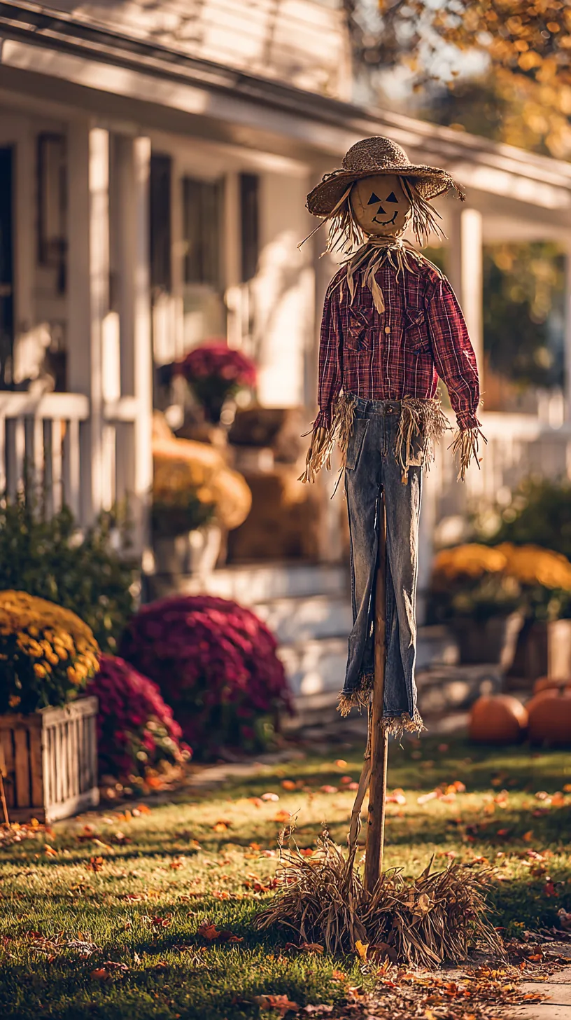 homemade scarecrow staked in an autumn yard — photo 5 of 8