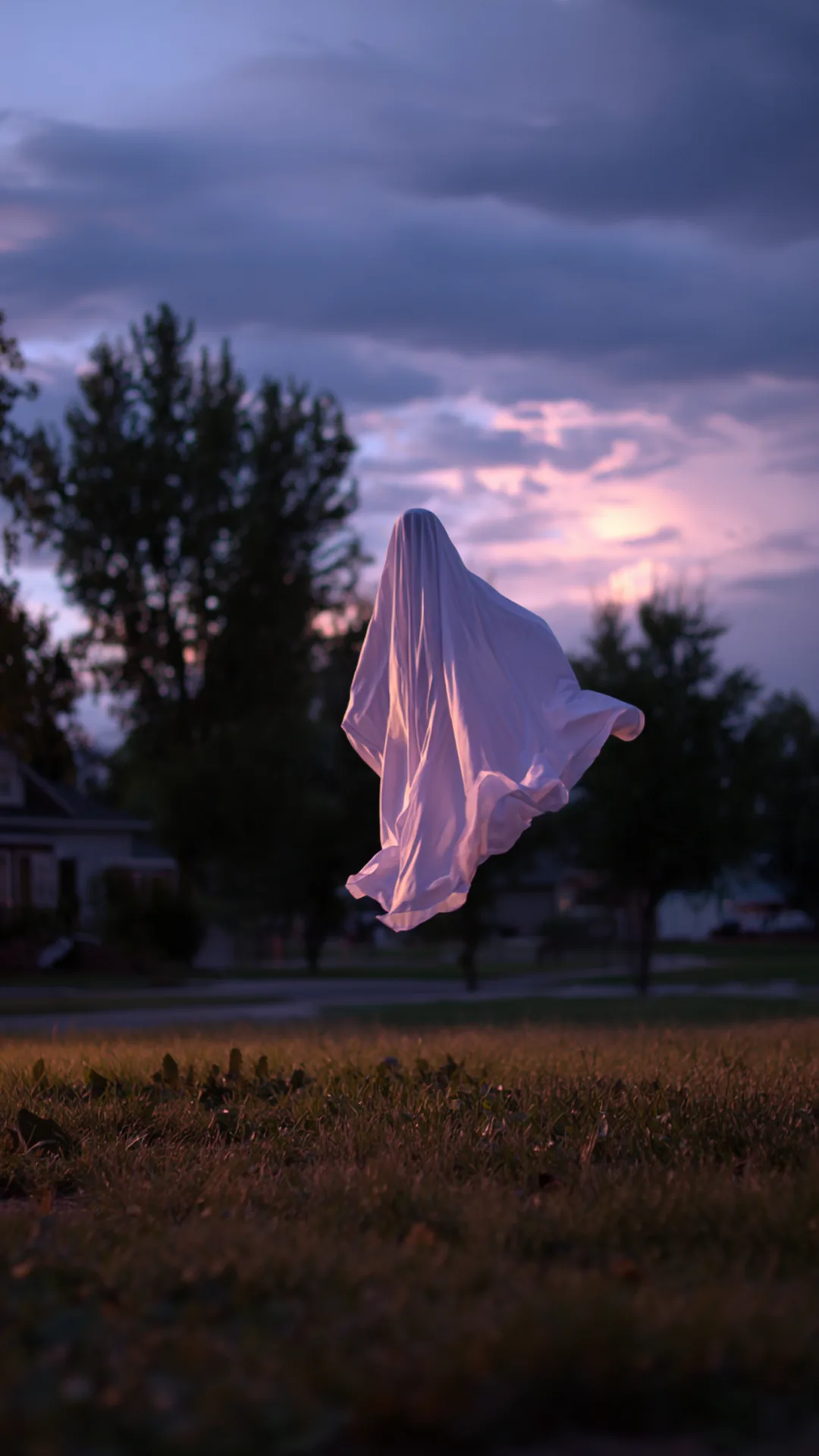 white fabric ghost floating on a pvc frame at dusk — photo 2 of 2