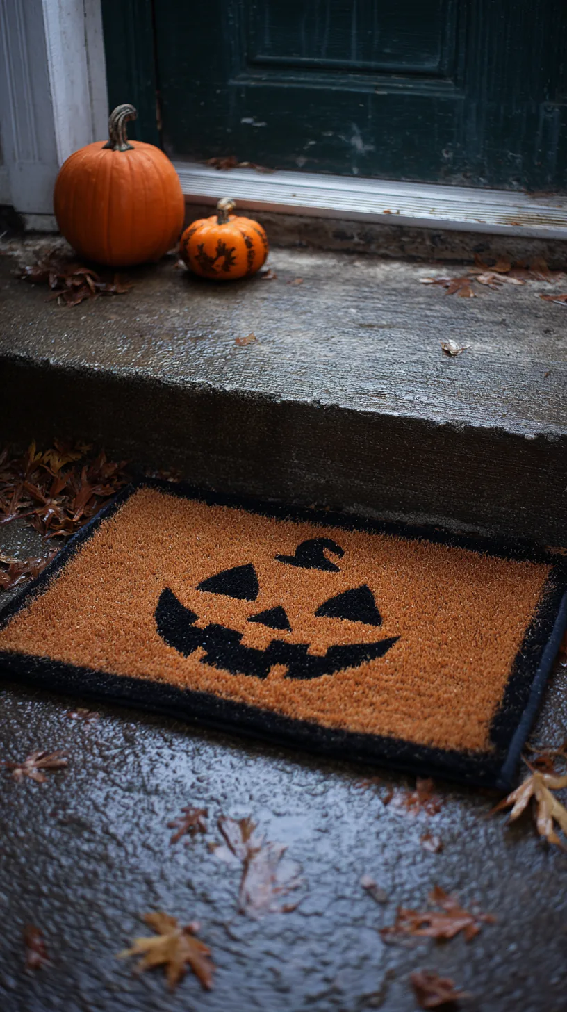 halloween jack-o-lantern doormat layered over a rubber mat on a wet porch — photo 1 of 2