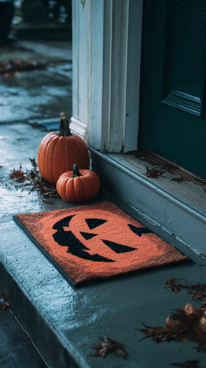 halloween jack-o-lantern doormat layered over a rubber mat on a wet porch — photo 2 of 2