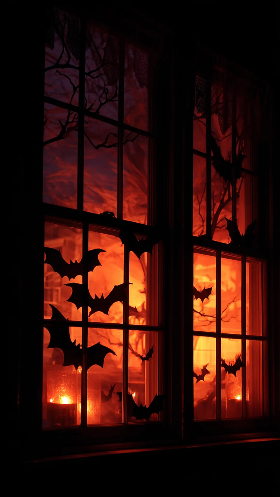 paper bat and witch silhouettes lit in a house window — photo 1 of 2