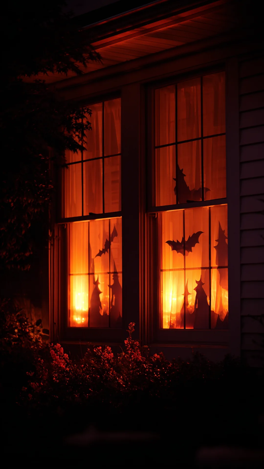 paper bat and witch silhouettes lit in a house window — photo 2 of 2