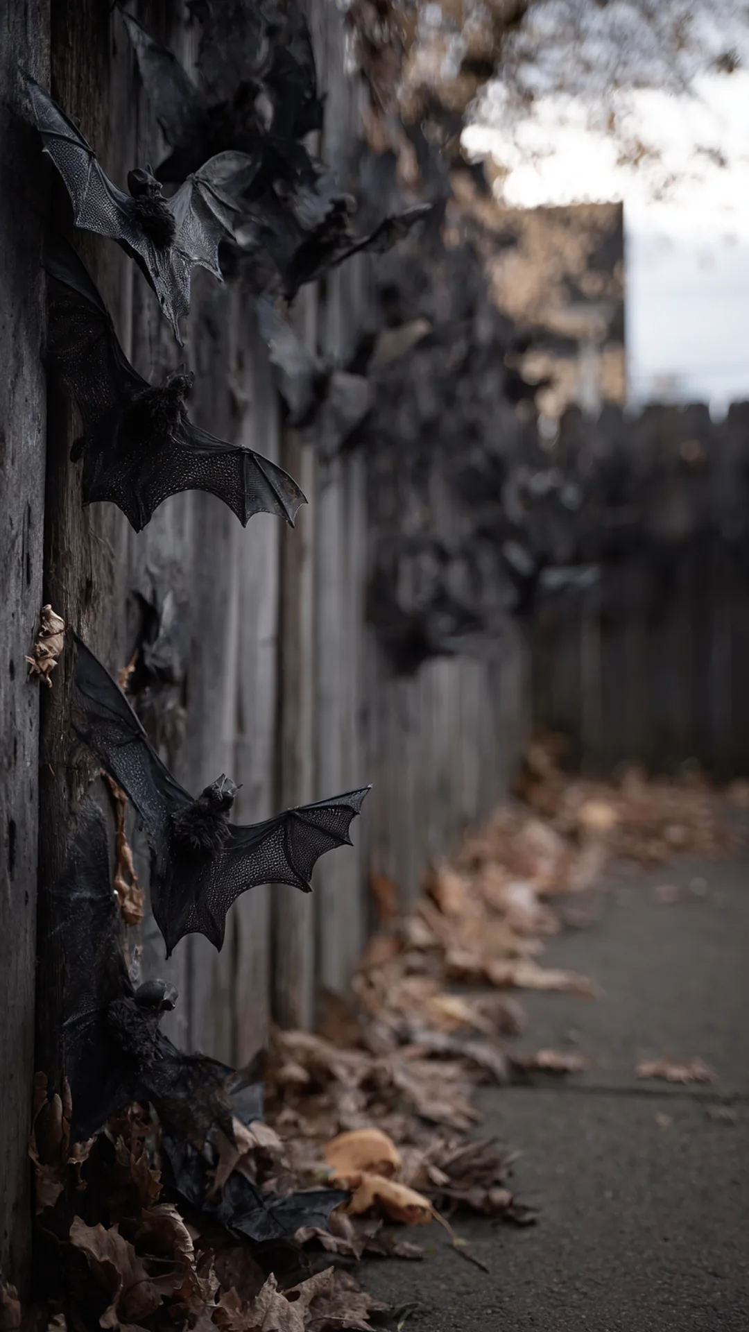 black plastic bats attached along a wooden fence — photo 2 of 2