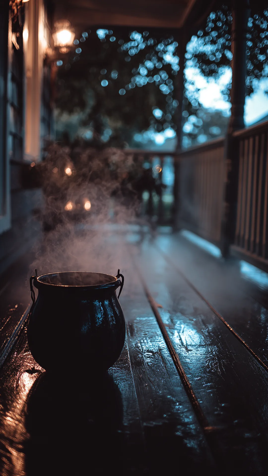 black cauldron releasing low mist on a porch floor — photo 1 of 10