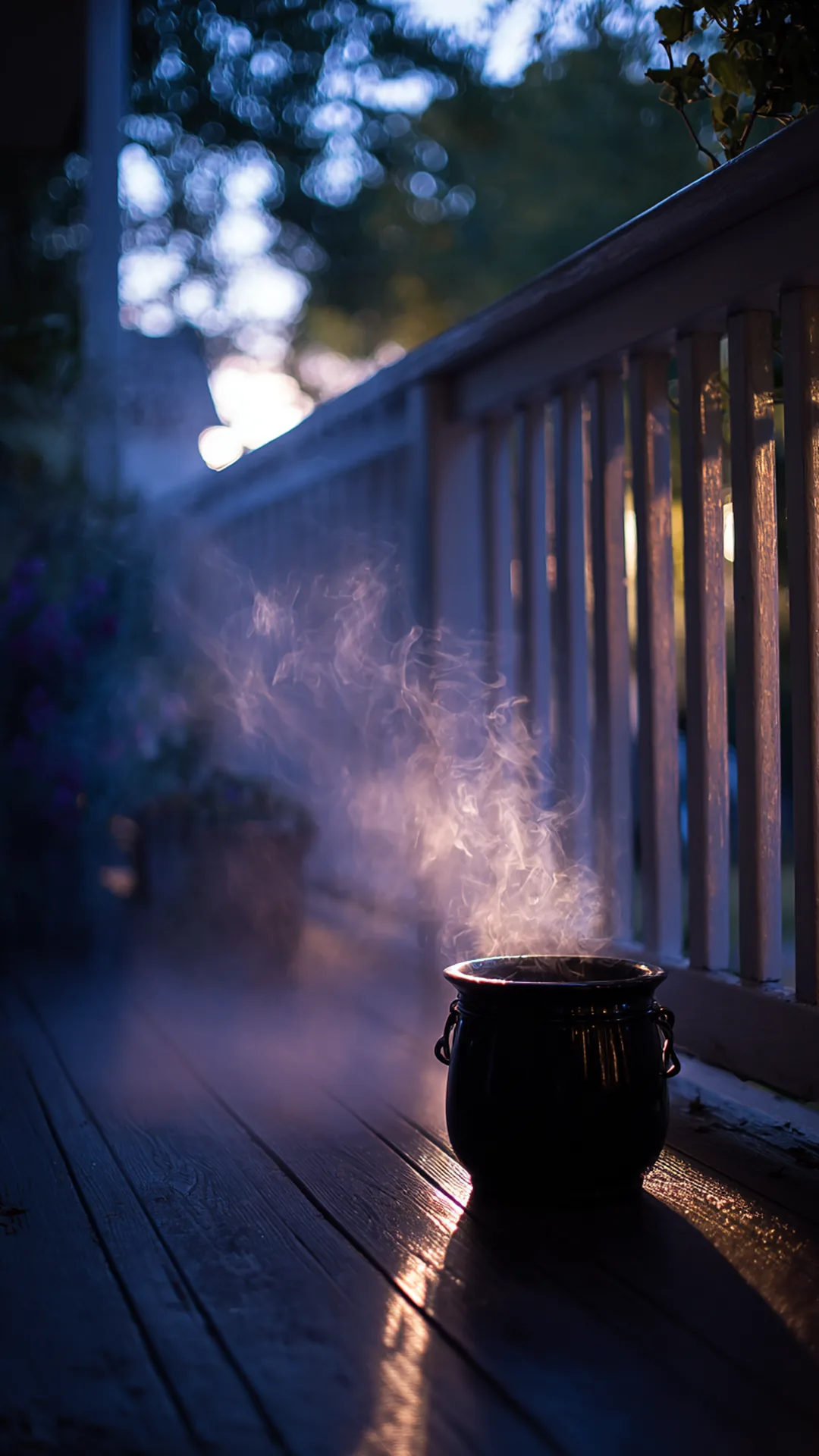black cauldron releasing low mist on a porch floor — photo 2 of 10