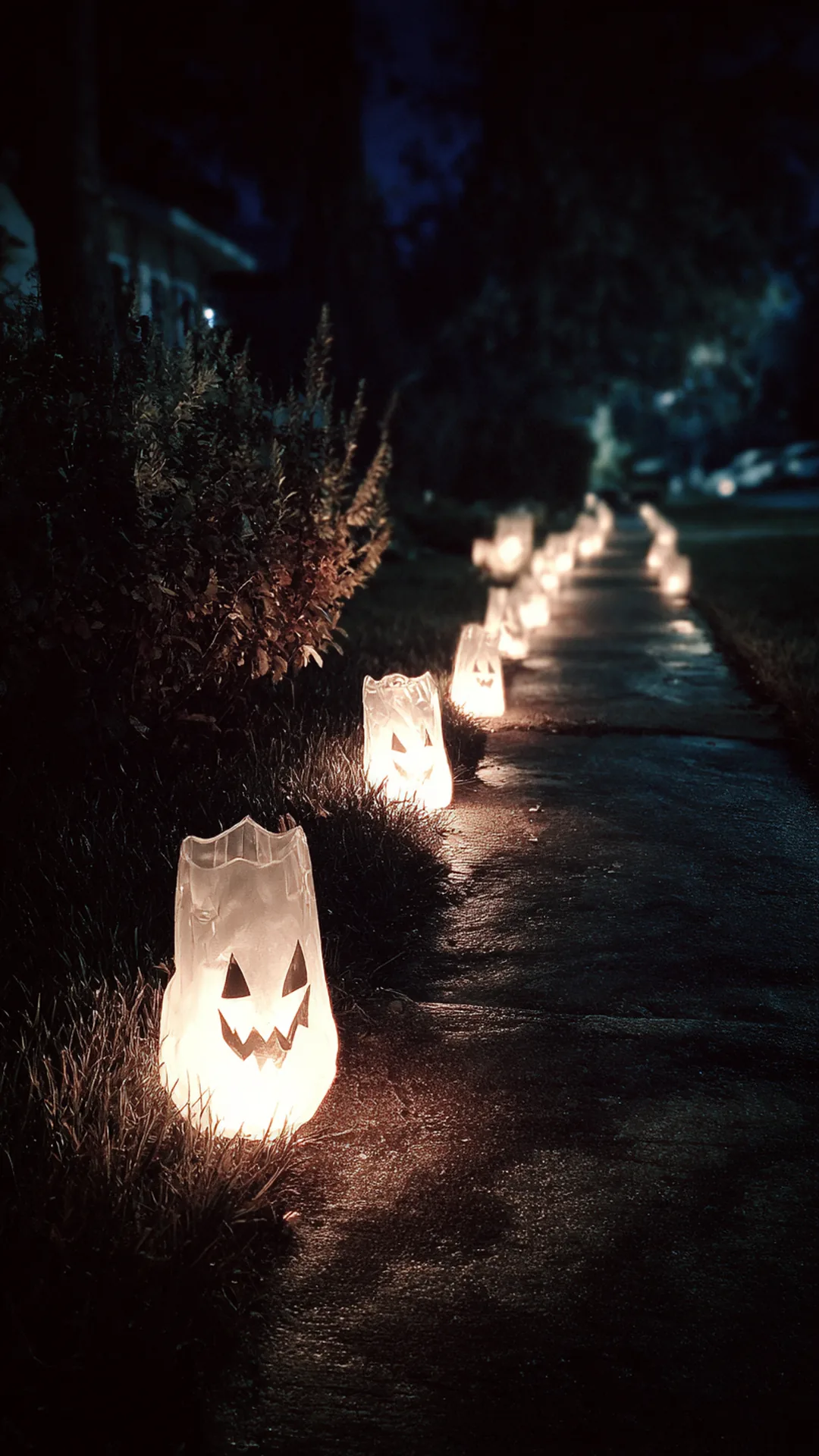 milk jug ghost luminaries glowing along a garden edge — photo 1 of 2