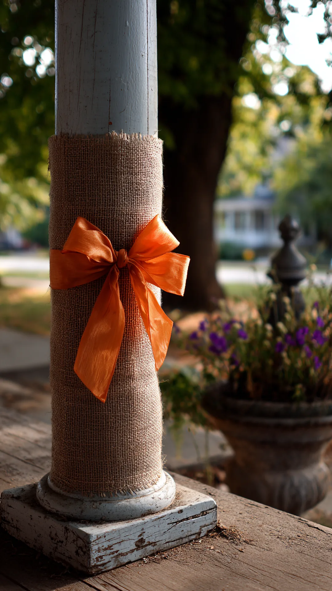 porch column wrapped in burlap with an orange bow — photo 1 of 2