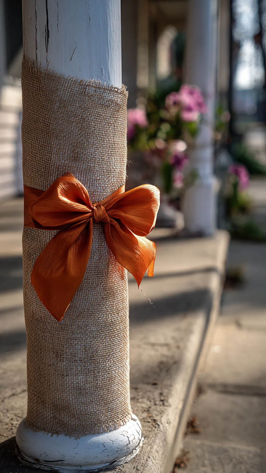 porch column wrapped in burlap with an orange bow — photo 2 of 2