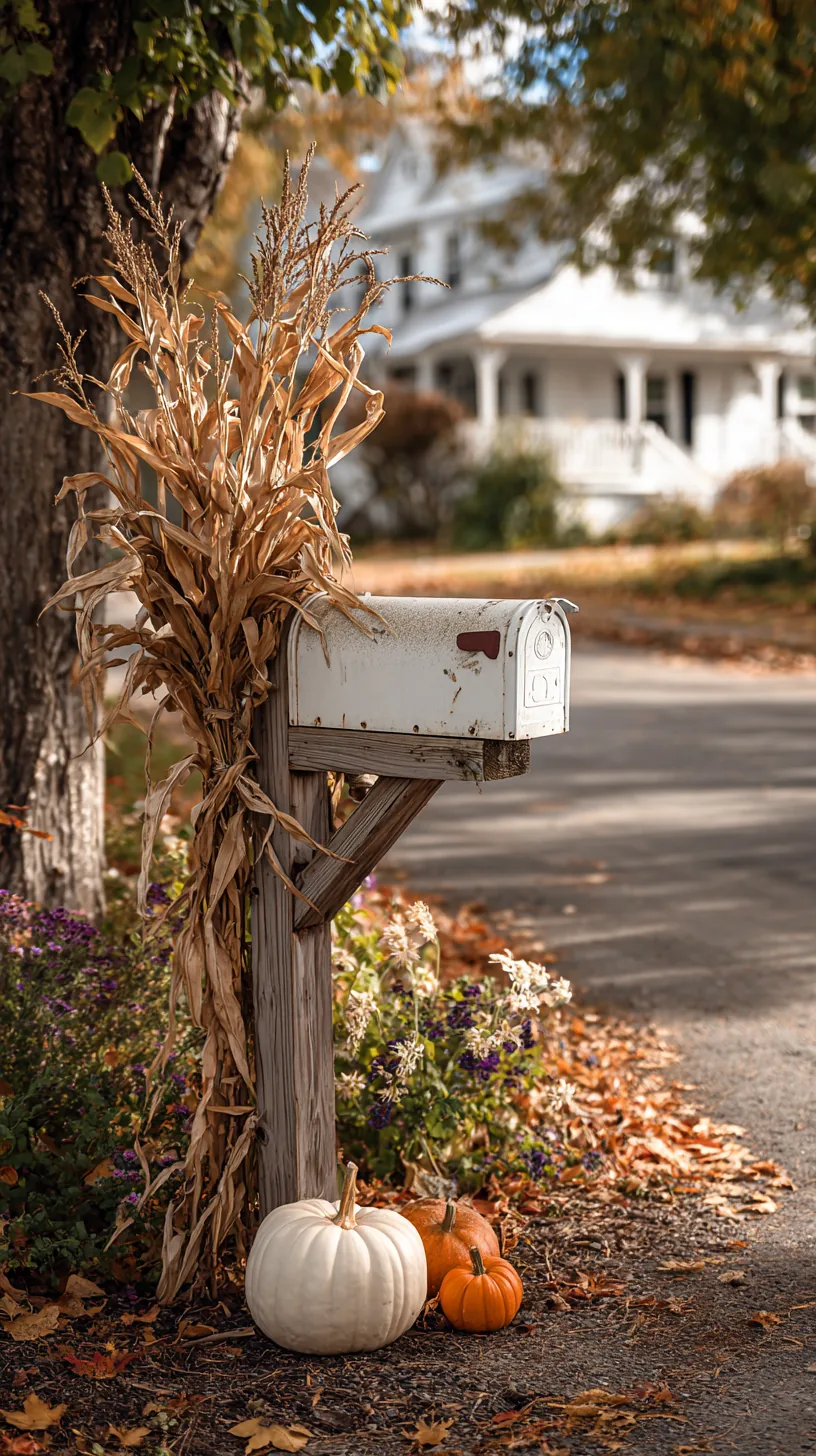 cornstalks bundled at a mailbox post with pumpkins — photo 1 of 3