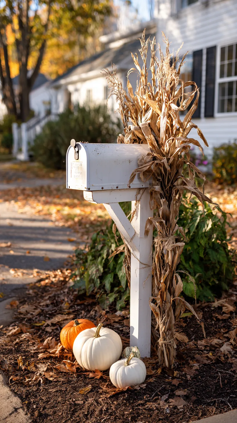 cornstalks bundled at a mailbox post with pumpkins — photo 2 of 3