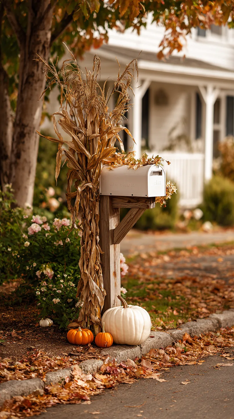 cornstalks bundled at a mailbox post with pumpkins — photo 3 of 3