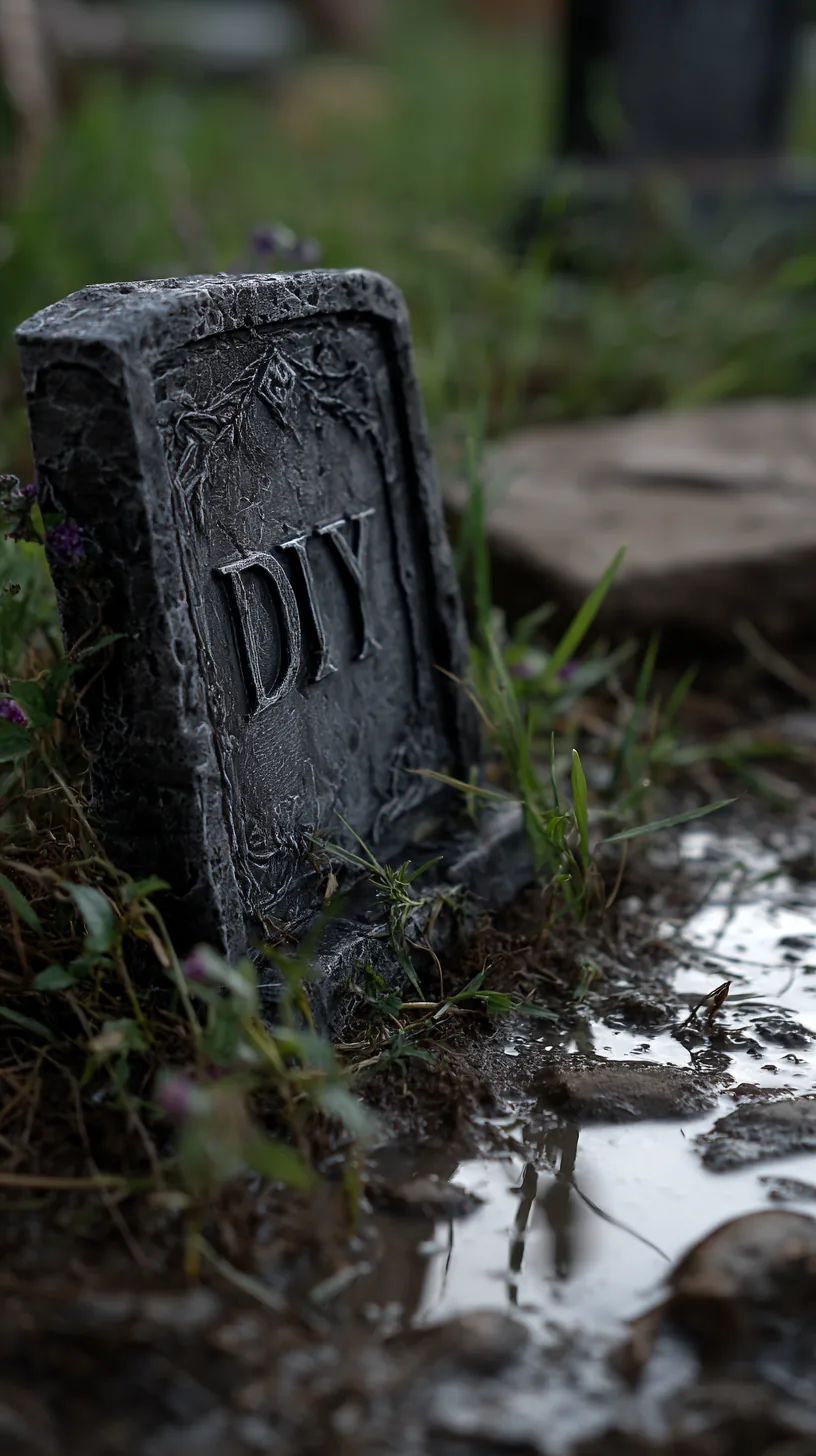 DIY tombstone prop with deeply carved lettering standing in wet grass — photo 1 of 5