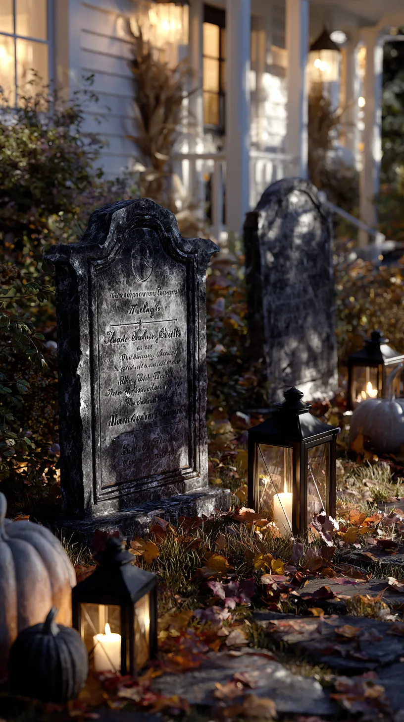 DIY tombstone prop with deeply carved lettering standing in wet grass — photo 2 of 5