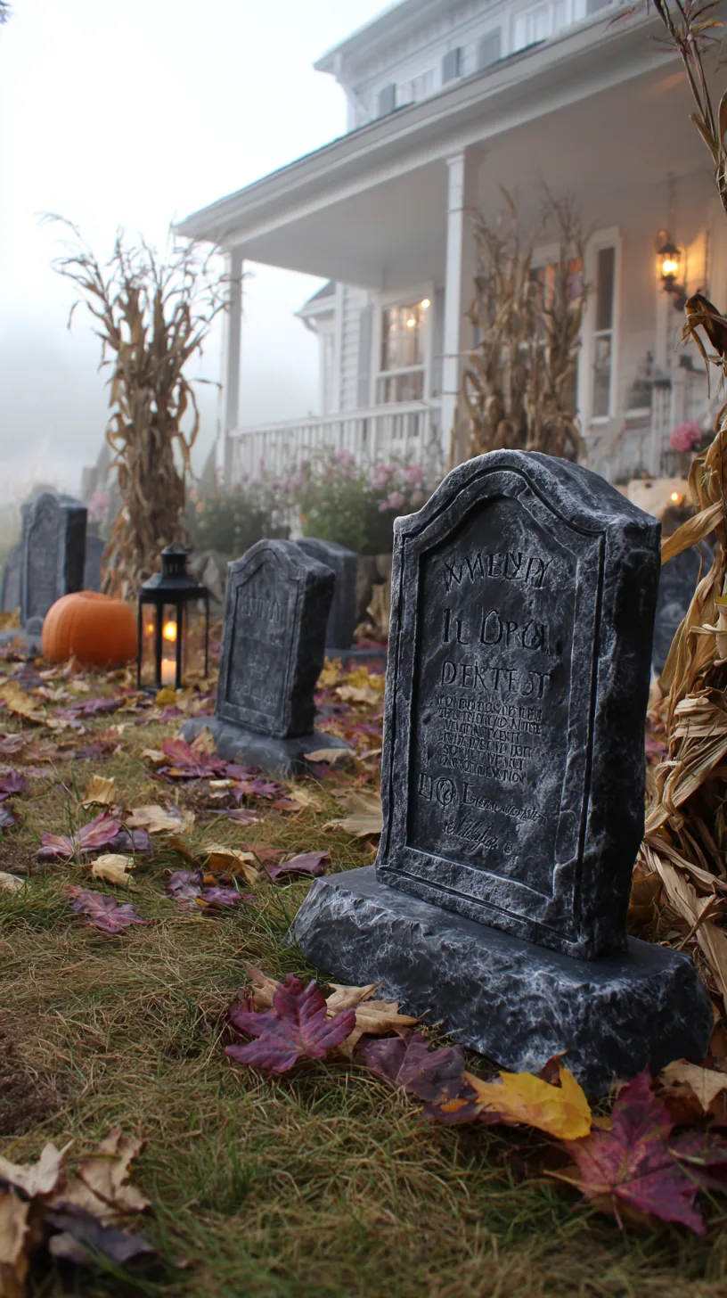DIY tombstone prop with deeply carved lettering standing in wet grass — photo 3 of 5