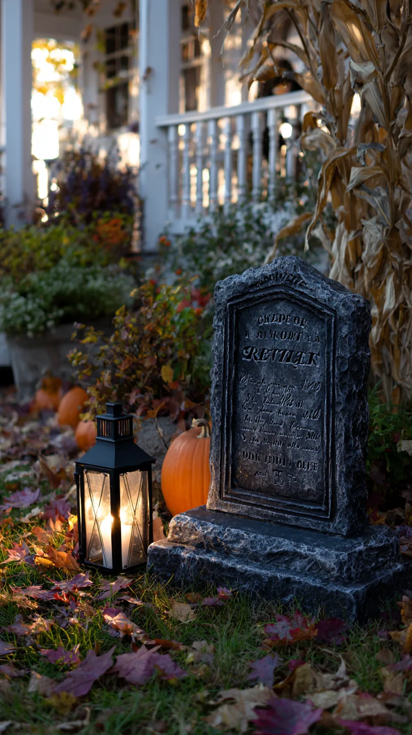 DIY tombstone prop with deeply carved lettering standing in wet grass — photo 4 of 5